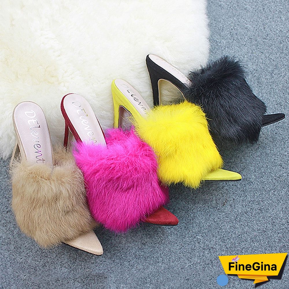 Women Shoes Rabbit Fur High Heel Sandals Slippers Luxury Sandals