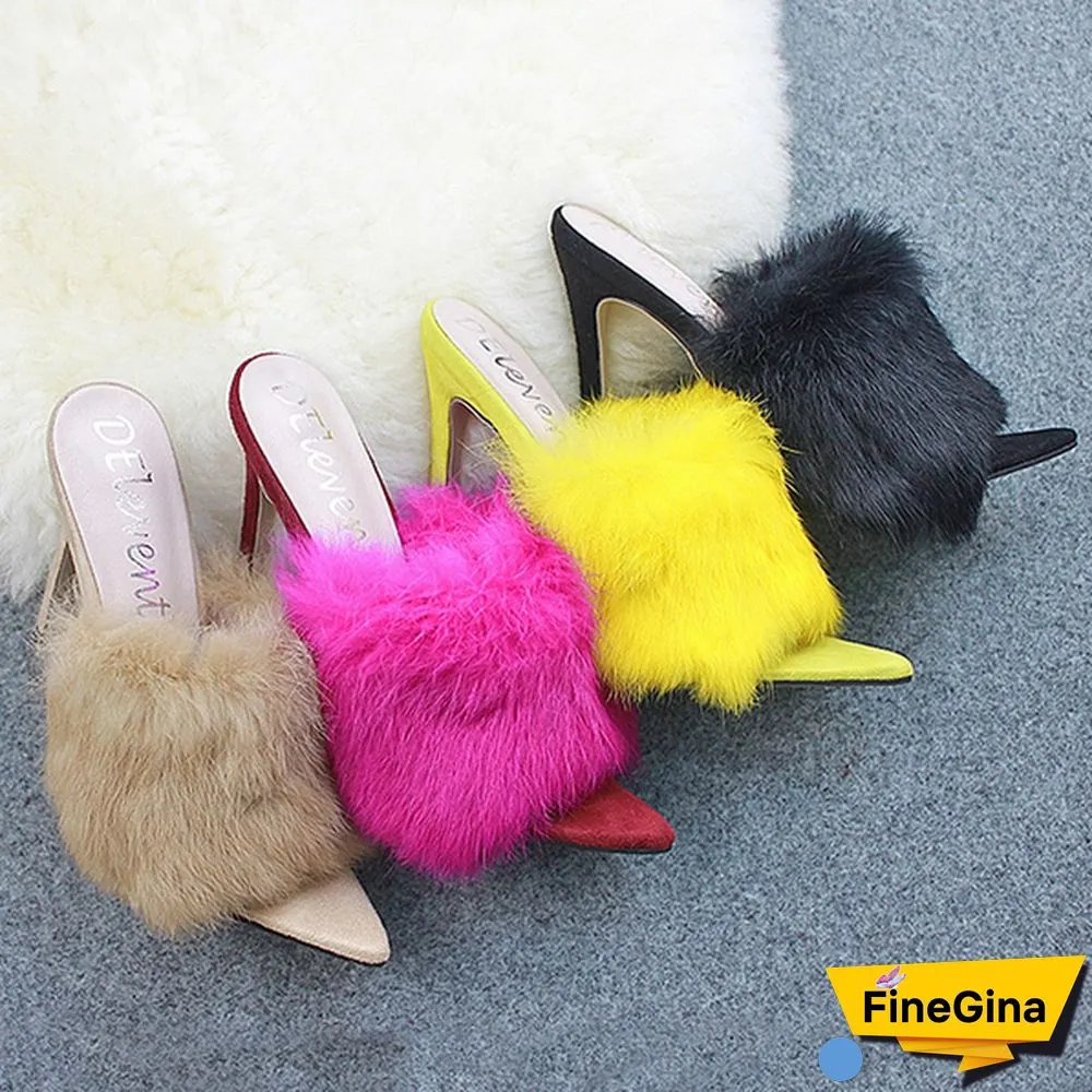 Women Shoes Rabbit Fur High Heel Sandals Slippers Luxury Sandals