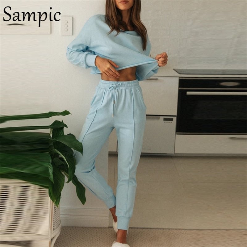 Sampic Sexy Autumn Winter Casual Women Long Sleeve Outfits 2 Piece Set Khaki Sport Shirt Tops And Basic Pants Two Piece Set