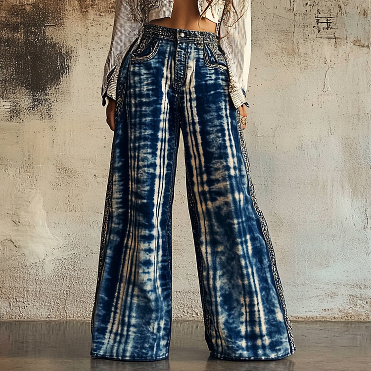 Vintage 90s Tie-dye Chain-decorated Denim Print Wide-leg Flared Trousers Casual Pants