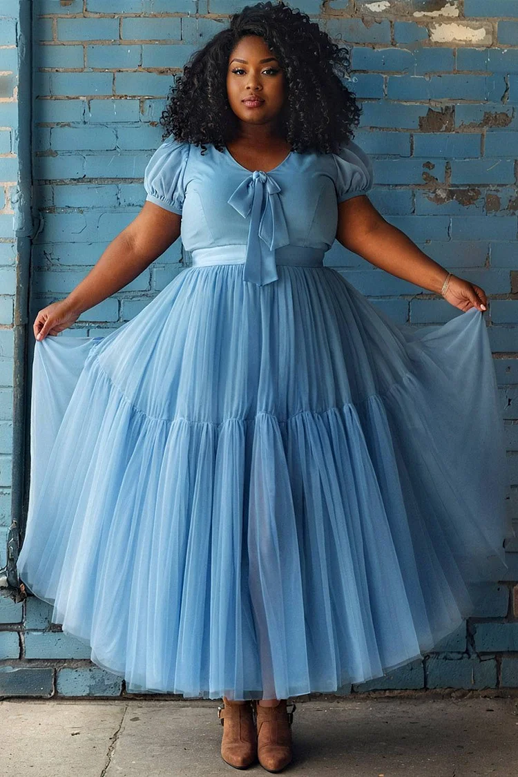Xpluswear Design Plus Size Vacation Light Blue Casual Puff Sleeve Short Sleeve Bow Tie Tulle Maxi Dresses [Pre-Order] 2024 - Xpluswear