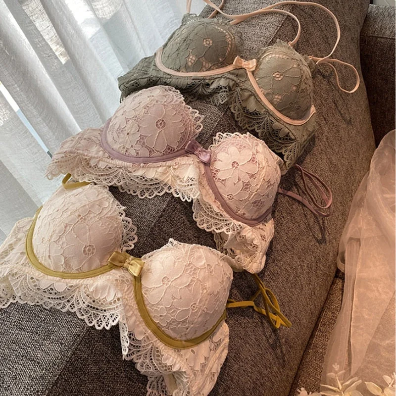 DERUILADY Sexy Lace Floral Bras For Women Underwear Fashion Backless Soft Steel Ring Bra Lingerie Adjustable Push Up Bralette