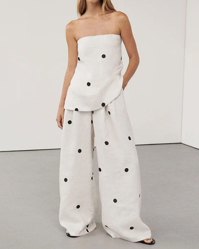 Polka Dot Strapless Top & Wide Leg Pants Set