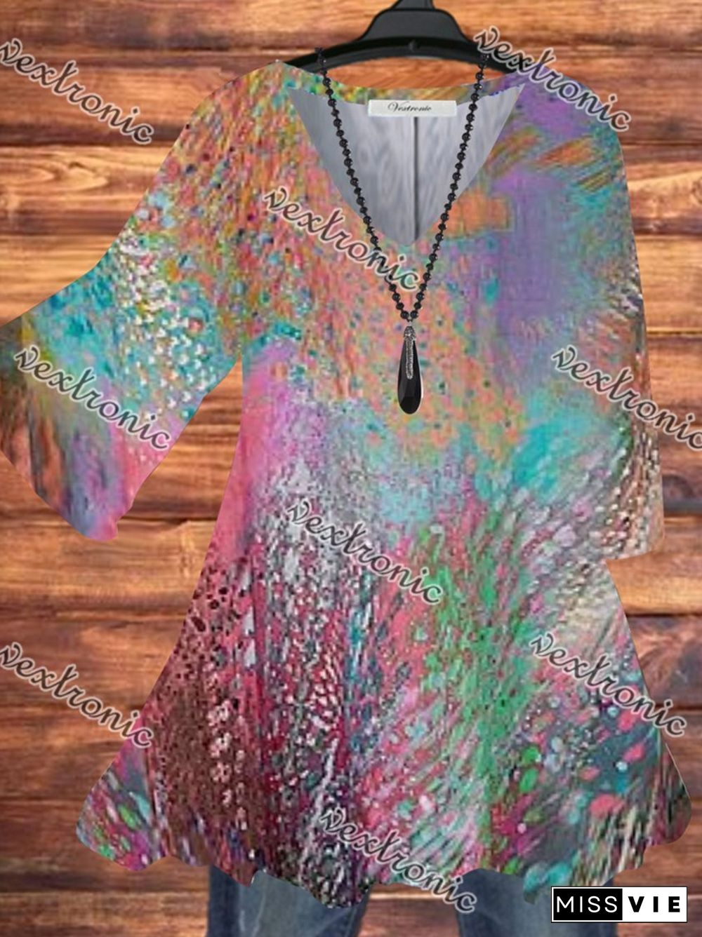 Women Half Sleeve V-neck Gradient Top