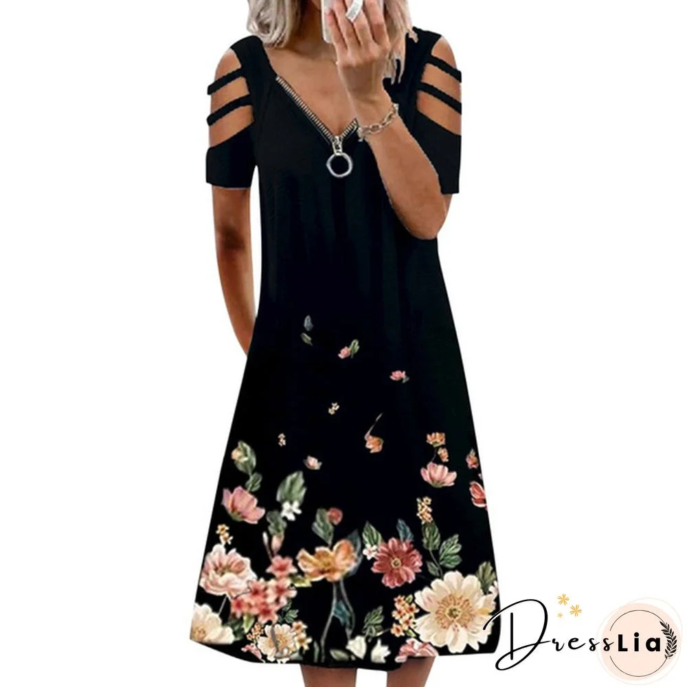 Xs-5Xl Summer New Casual Short-Sleeved Zipper V-Neck Dress Women's Loose Plus Size Dress Fashion Long Skirt