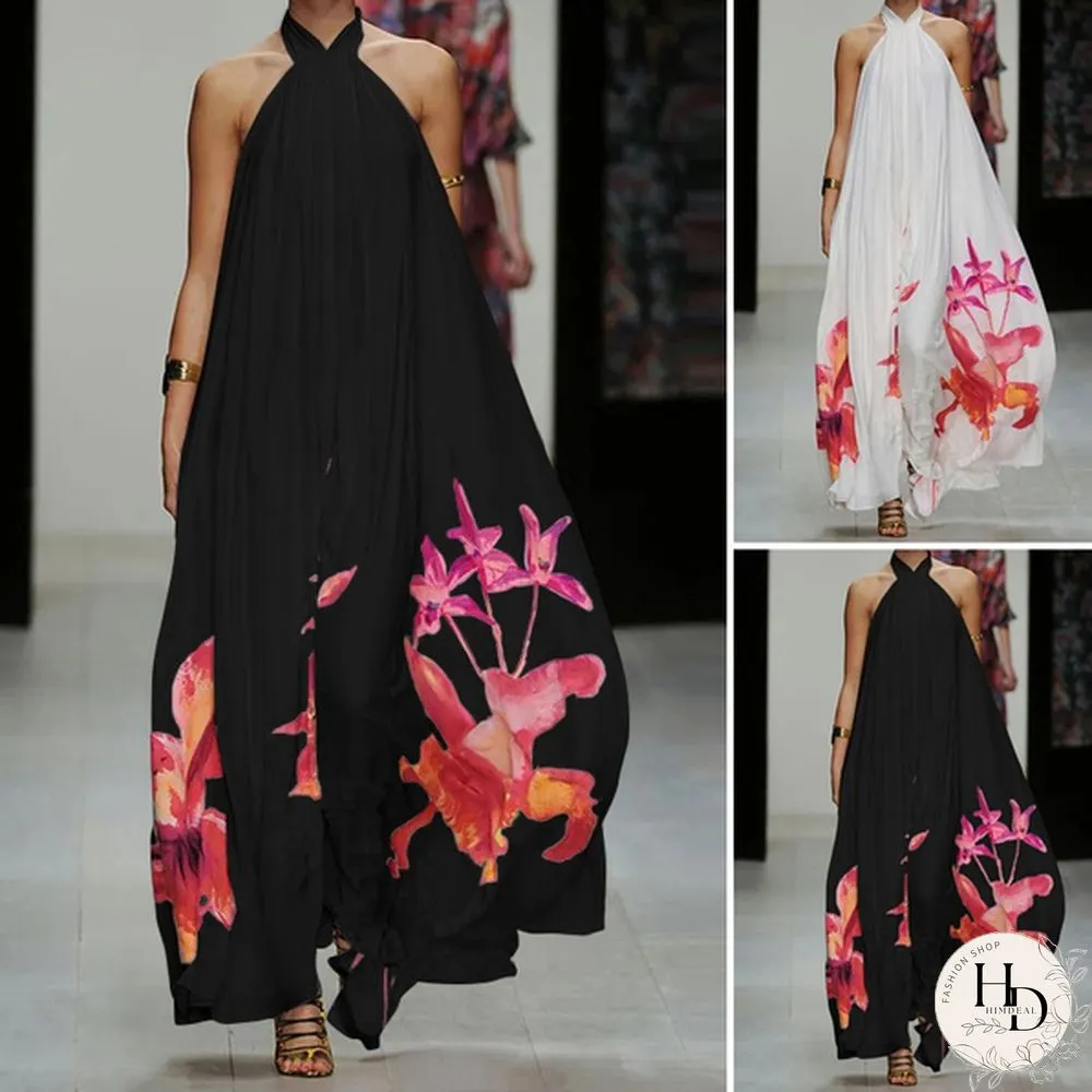 Summer Party Evening Sundress Women Floral Halter Backless Long Dress Casual Baggy