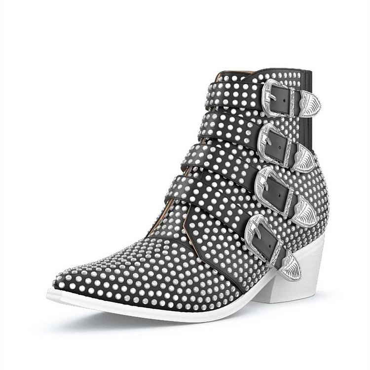 Black Buckles Rhinestone Hotfix  Fashion Boots Block Heel Ankle Boots |FSJ Shoes