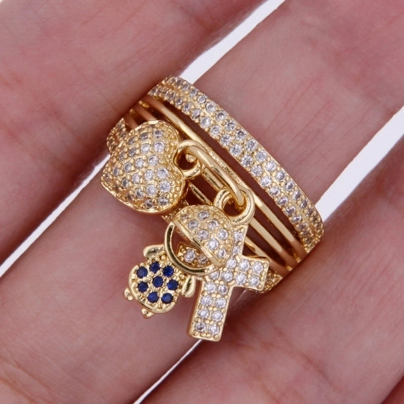 Copper 18K Gold Plated Cute Modern Style Plating Inlay Human Heart Shape Zircon Wide Band Rings Charm Rings Open Rings
