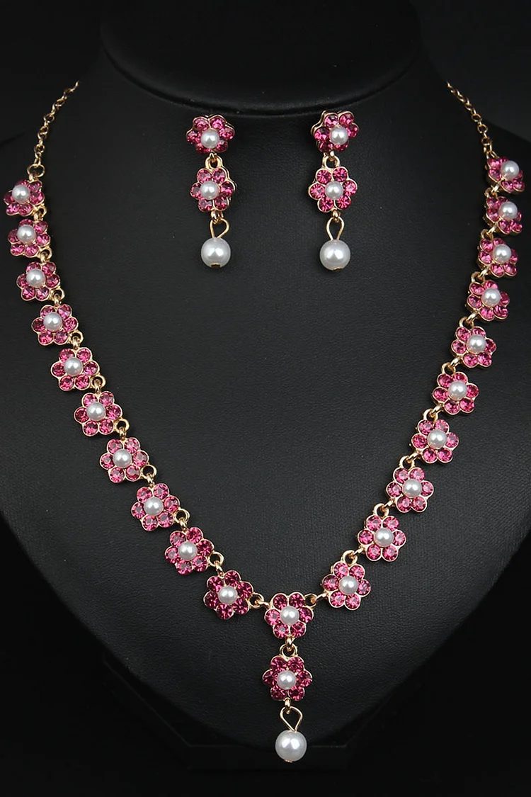 Flower Shaped Rhinestone Pearl Pendant Necklace Dangle Earrings Jewelry Set