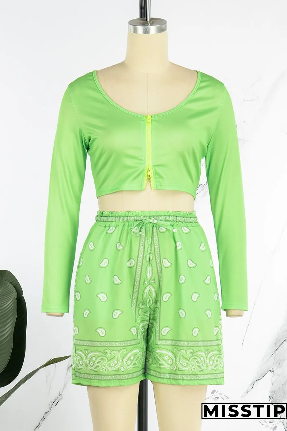 Fluorescent Green Casual Sportswear Print Patchwork Zipper Collar Long Sleeve Two Pieces