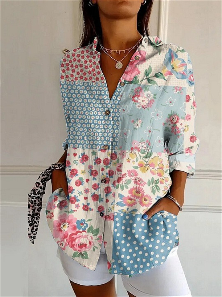Women's Large Size New Long-sleeved Shirt Floral Ladies Printed Casual Shirt