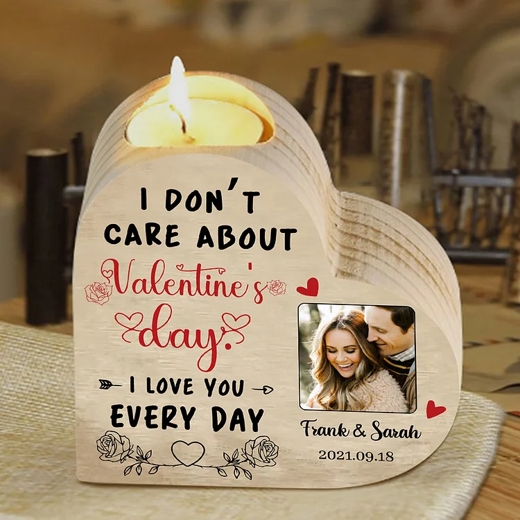 Personalized Love Couple Heart Candle Holder Engrave Photo-I love You Every Day- Wooden Candlesticks Valentines Gift