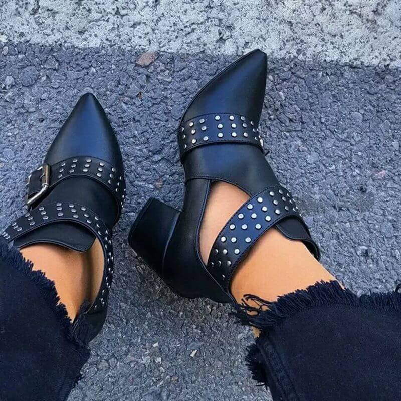 GOOSHOE Leather Buckle Rivet Chunky Heel Ankle Boots
