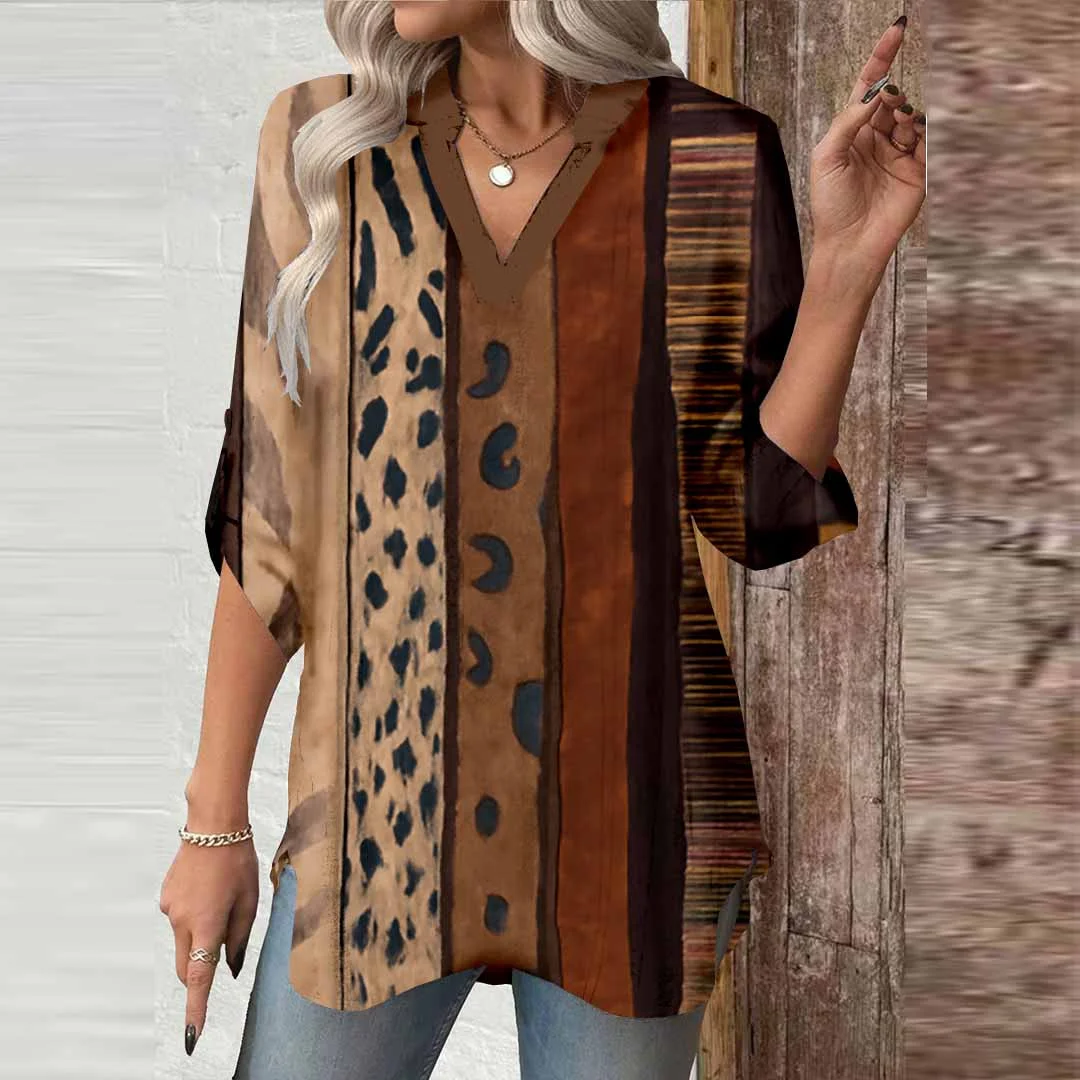 Women Brown, Patchwork,Ladynora DZGA0039 3/4 Sleeve V-neck Printed Graphic Button Tops