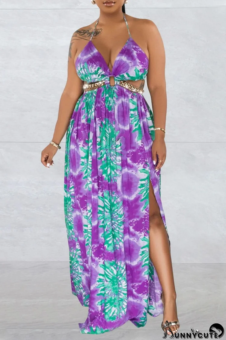 Purple Sexy Print Bandage Backless Spaghetti Strap Long Dress (Without Waist Chain ,Subject To The Actual Object)