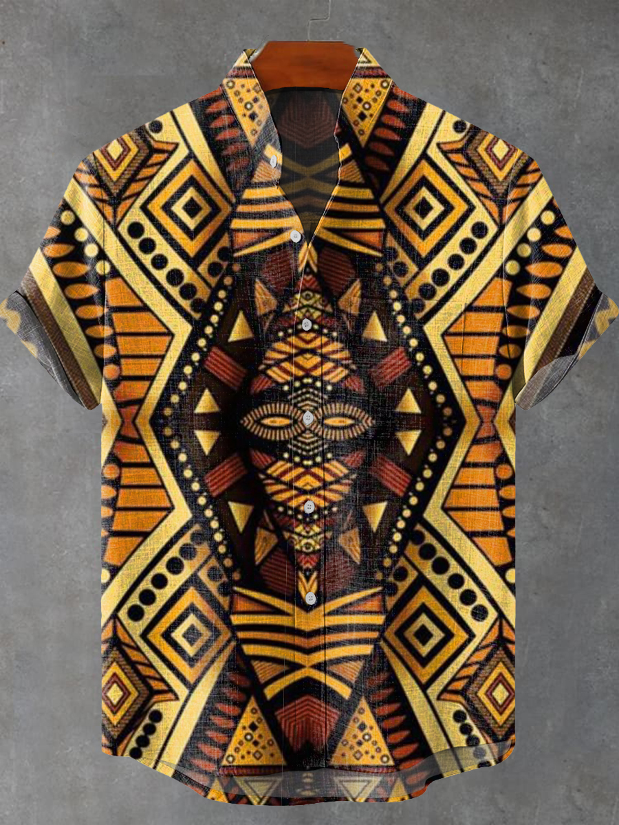 Vintage Abstract African Geometric Mask Totem Art Print Casual 100% Cotton Shirt
