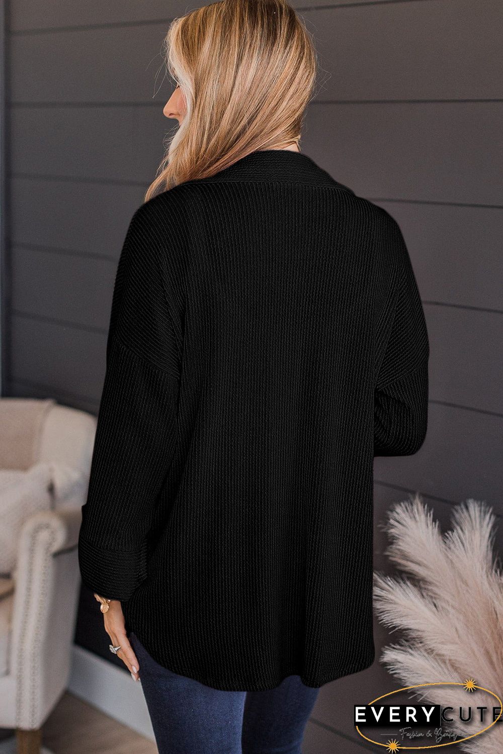 Black Roll Tab Sleeve Ribbed Cording Shacket