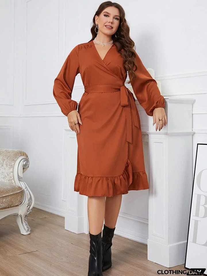 Plus Size Surplice Neck Tie Waist Dress