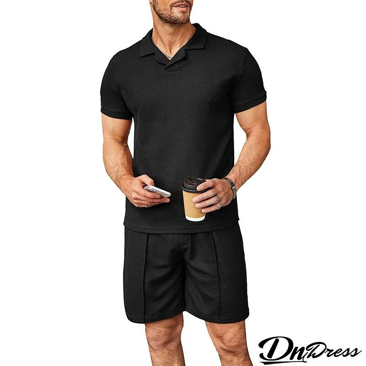 Men's Fashion Solid Color Waffle Lapel Short-Sleeved Polo Shirt And Shorts Two-Piece Set