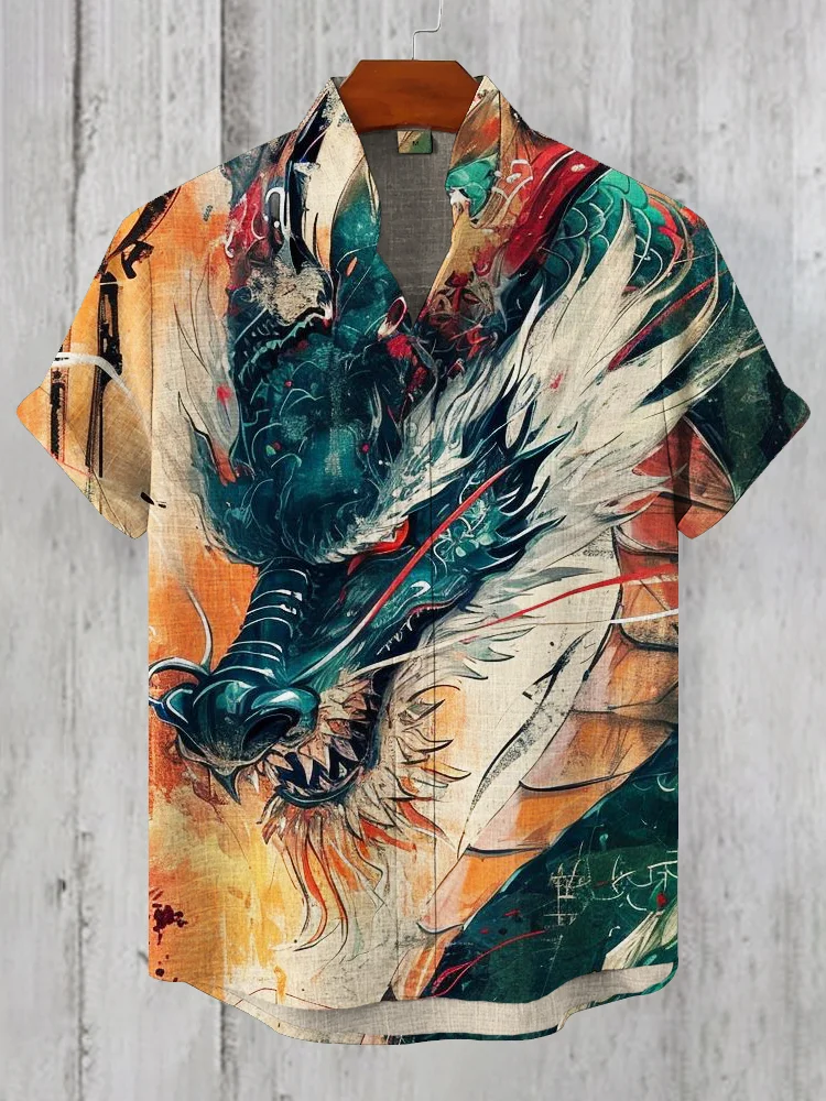 Japanese Art Dragon Totem Men's Linen Short Sleeve Shirt