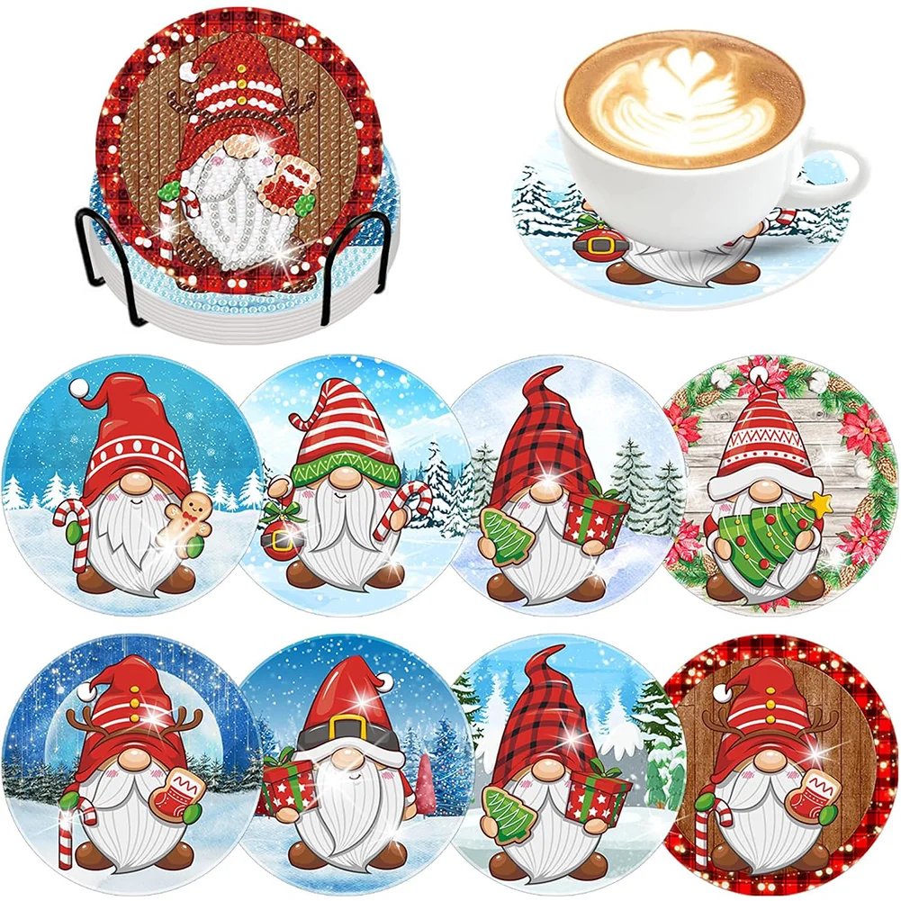 8pcs DIY Christmas Gnome Diamond Painting Art Coaster Kit Acrylic Round Diamond Painting DIY Coaster