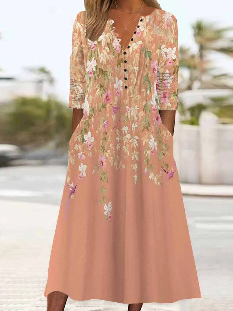 Women Floral,Orange DZHB8323 Long Sleeve V-Neck Graphic Printed Midi Dress