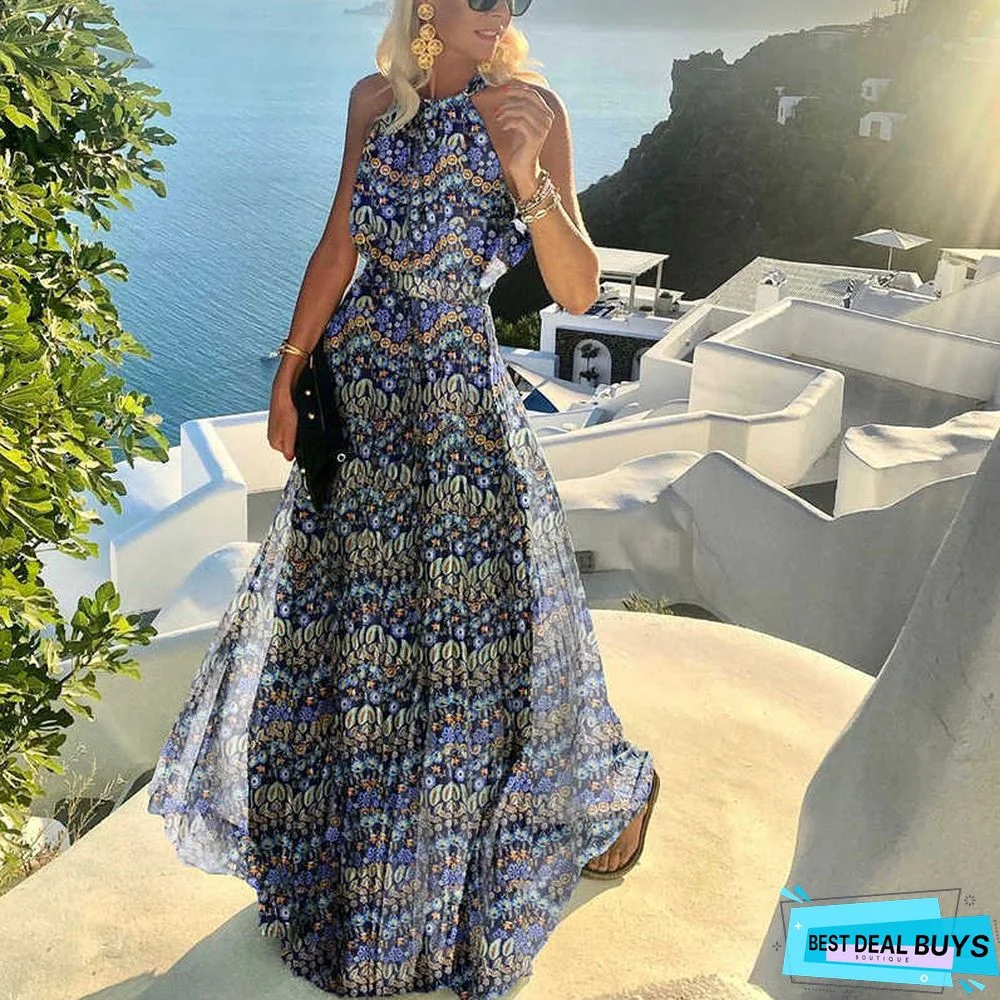 New Round Neck Sleeveless Printed Pleated Dress Women's Dress