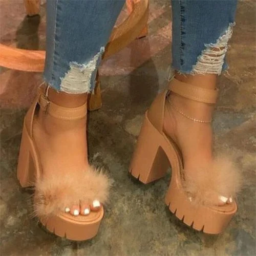 Woman Furry Sandals High Heels with Fur Female Platform Pumps Women Ankle Strap Women's Wedge Shoes 2021 Summer Dropshipping