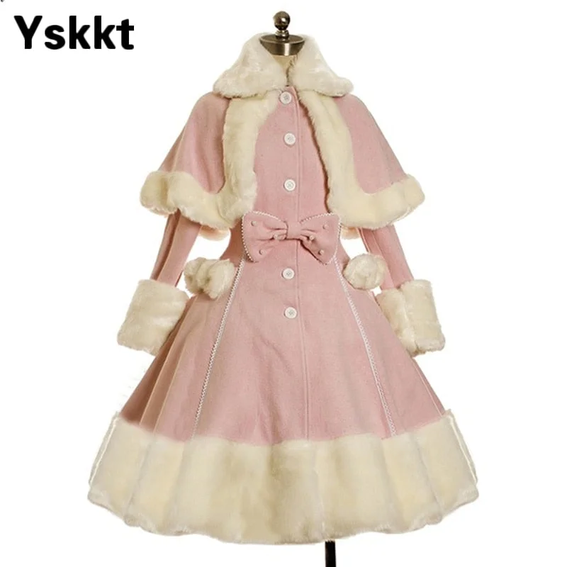 Yskkt Women Lolita Autumn Coat Warm Fur Collar Bowknot Dress Jacket Fashion Sweet Princess Breasted Overcoat Halloween Costume