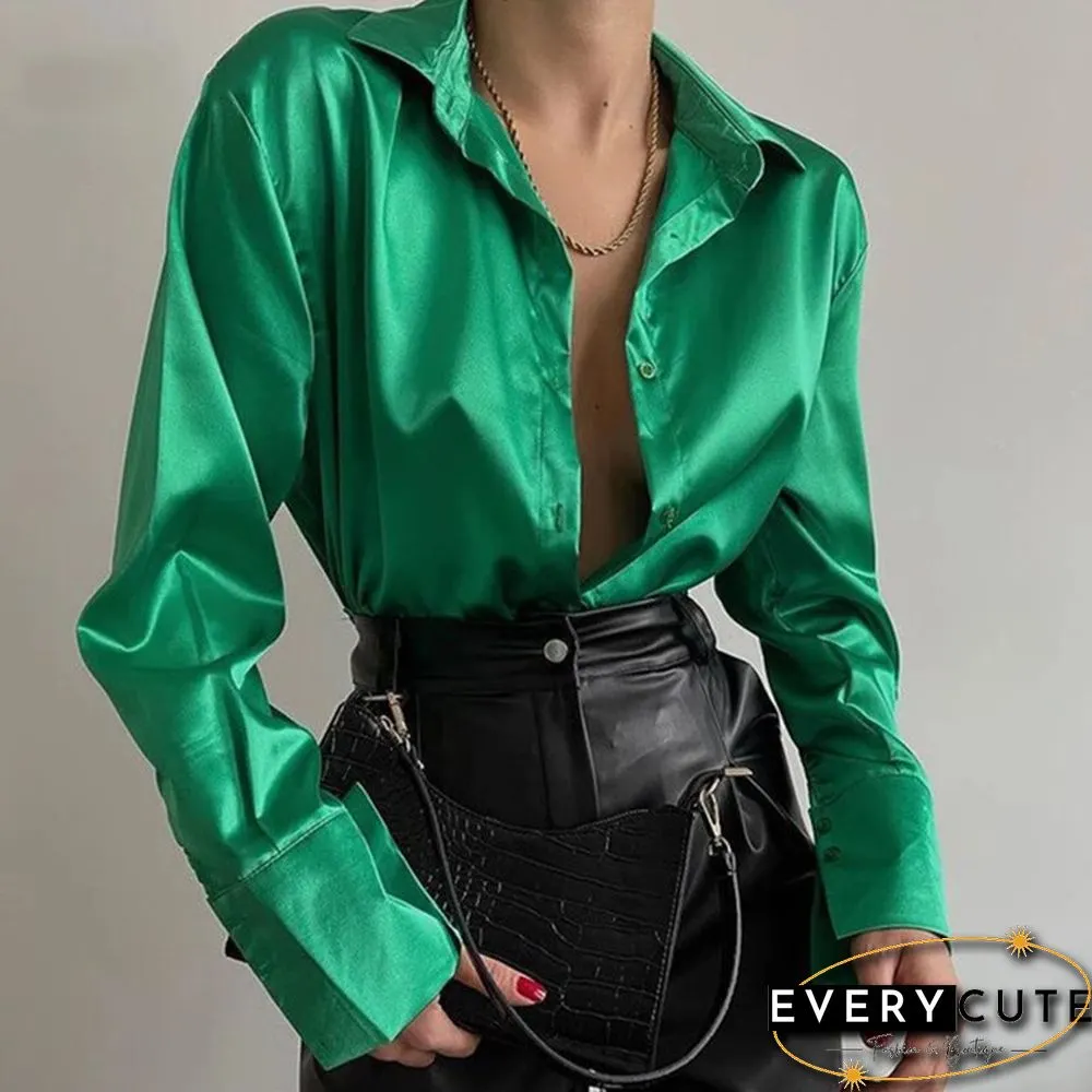 Women Elegant Satin Solid Long Sleeve Blouses Female Spring Vintage Loose Straight Buttons
