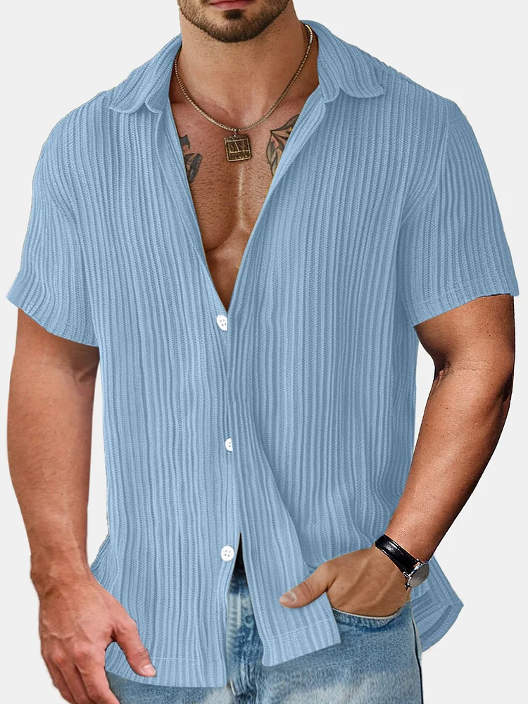 Men's Summer Comfortable And Simple Solid Color Striped Short-sleeved Shirt