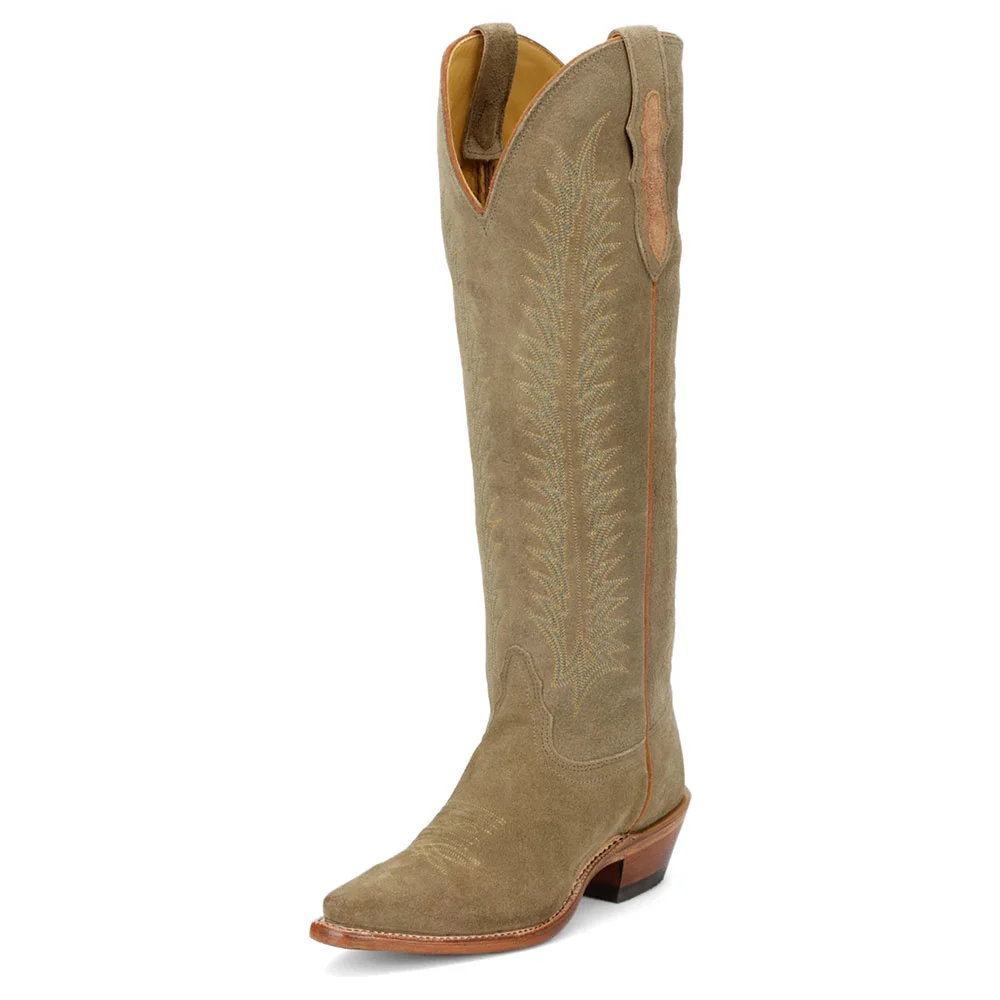 Khaki Chunky Heel Embroidered Knee High Cowboy Boots for Women