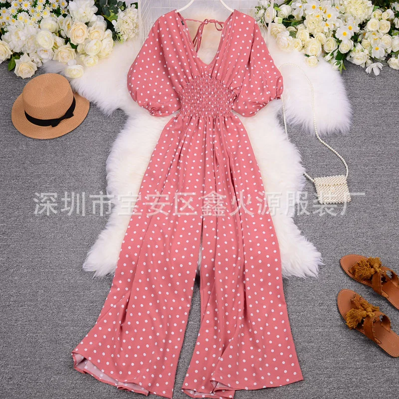 Zingj Zingj Summer Women's Wear 2023 New Temperament Wave Point V Neck Show High Waist Casual Wide Leg Jumpsuit Tide