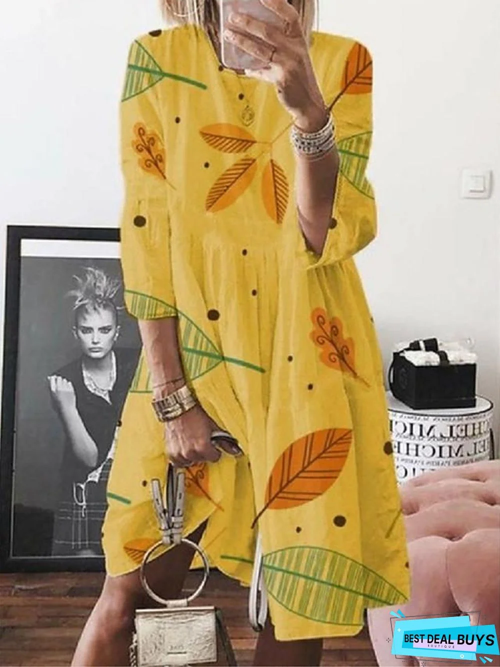 Women's T-Shirt Dress Tee Dress Knee Length Dress 3/4 Length Sleeve Print Patchwork Print Summer Work Casual White Blue Red Yellow