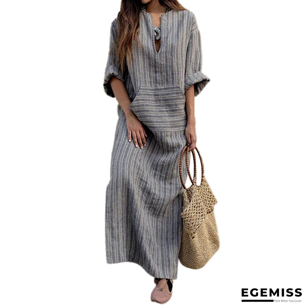 Cotton Pocket Yarn-dyed Loose Long Dress | EGEMISS