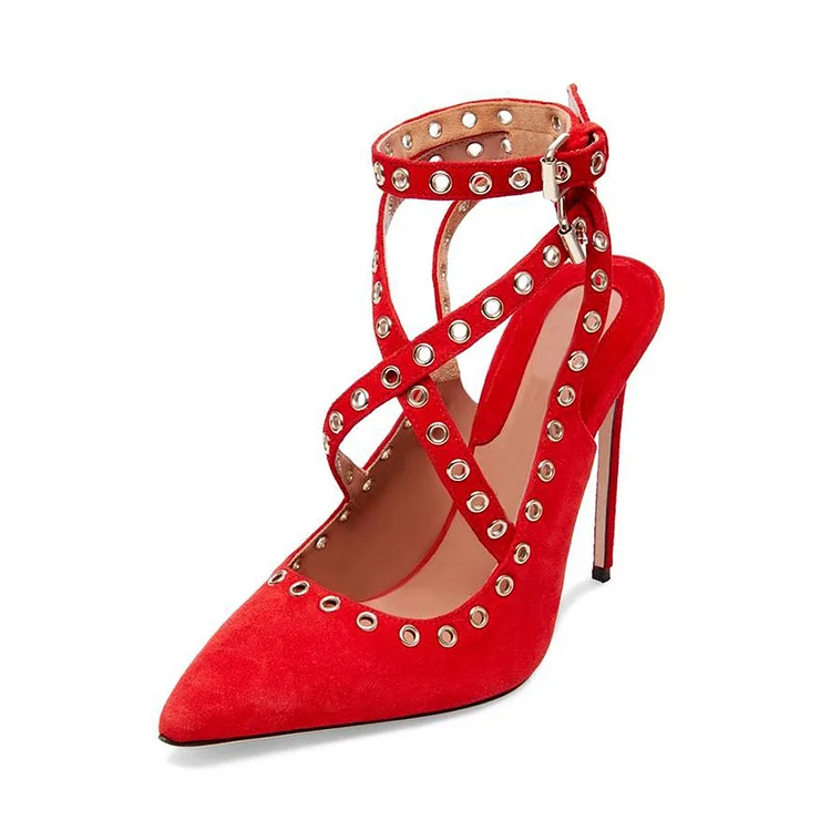 Red Vegan Suede Shoes Studs Cross Over Slingback Heels Pumps |FSJ Shoes