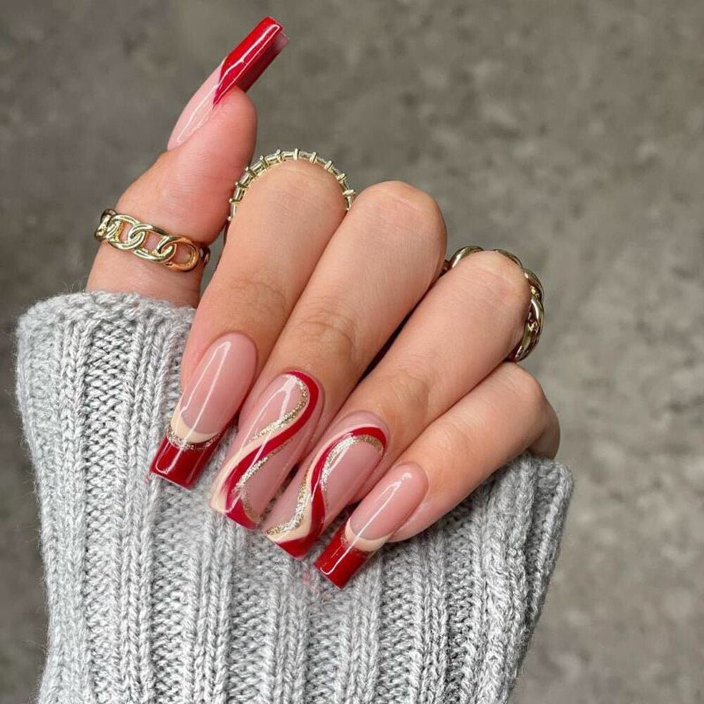 24pcs/Set Coffin Fake Nails Long Mixed Wine Red Wavy French False Nails Detachable Full Nail Accessory Art Tips Manicure Tools 515