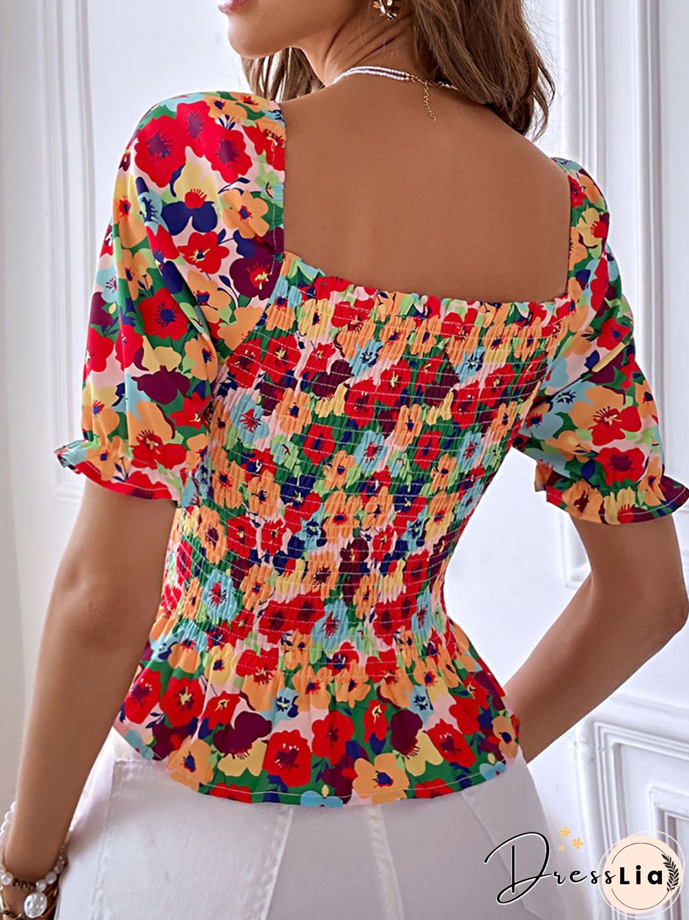 Women's Elegant Bodycon Blouses Top Summer Casual Print Square Neck Gathered Short Sleeve Floral Short Shirts Women Blouses