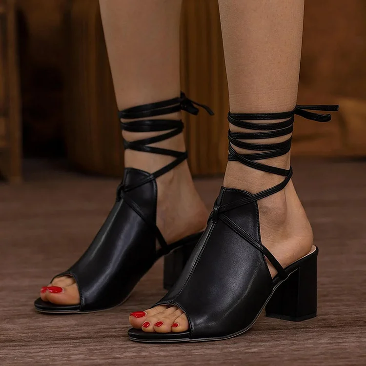 Women's Black Wrap Sandals Peep Toe Block Heels Vintage Shoes |FSJ Shoes