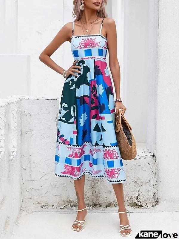 High Waisted Sleeveless Pleated Printed Split-Joint Collarless Midi Dresses Slip Dress