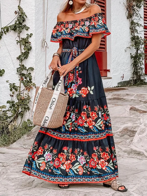 Floral Printed Ruffled Short Sleeves Off-The-Shoulder Maxi Dresses