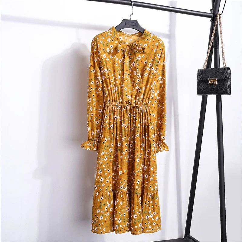 Autumn Chiffon Shirt Dresses Long Sleeve Polka Dot Plaid Office Vintage Dress 2022 Women Summer Casual Midi Floral Dress Vestido