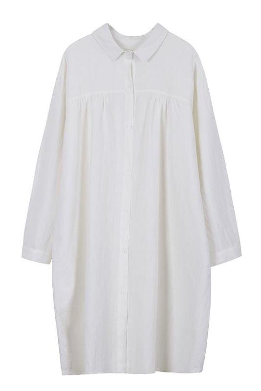 Organic White Loose Cotton Linen Shirt Dresses For Women Q18023