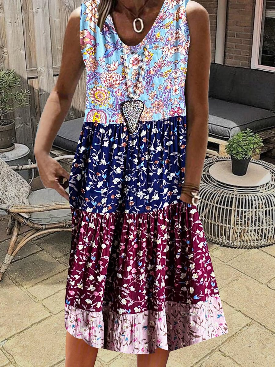 Women's Colorful Sleeveless Stitching V-neck Graphic Floral Printed Midi Dress