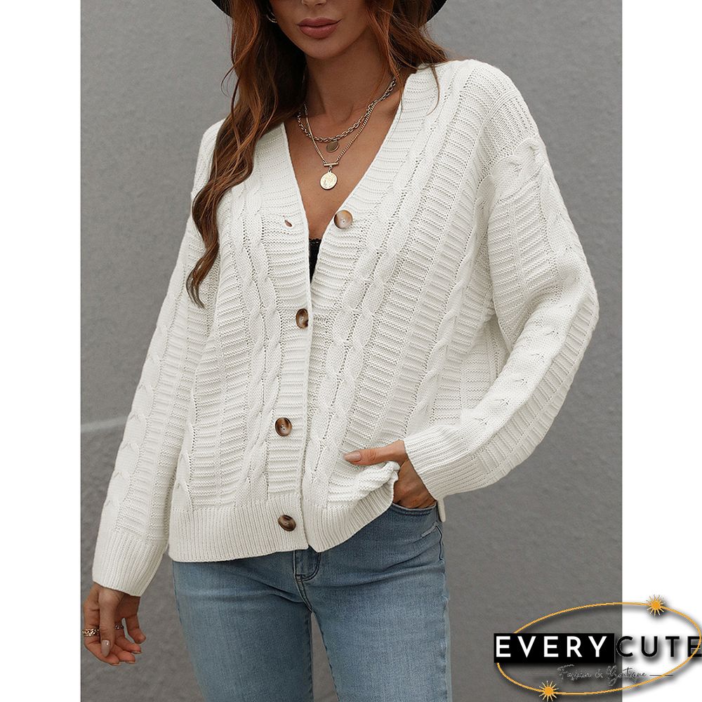 White Button Loose Cable Knitted Cardigan