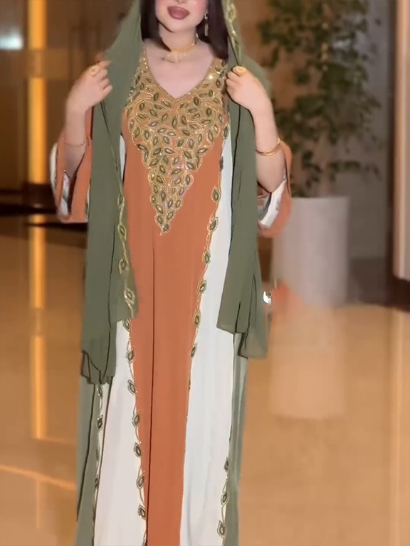 Elegant Vintage Gold Print Embellished Dress | Oxredo Shop Ramadan Sale
