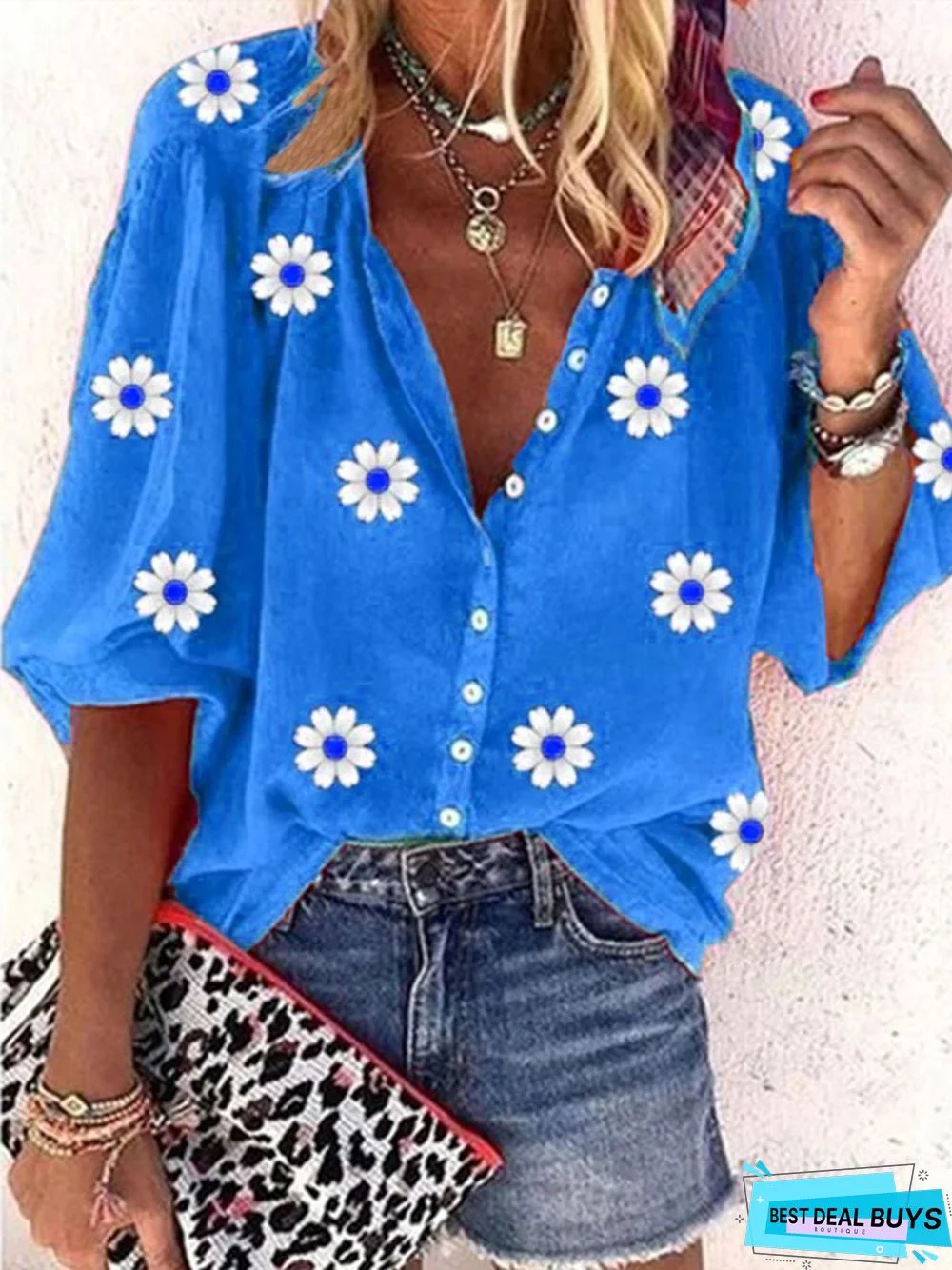 Casual Daisy Loose V neck Three Quarter Blouse