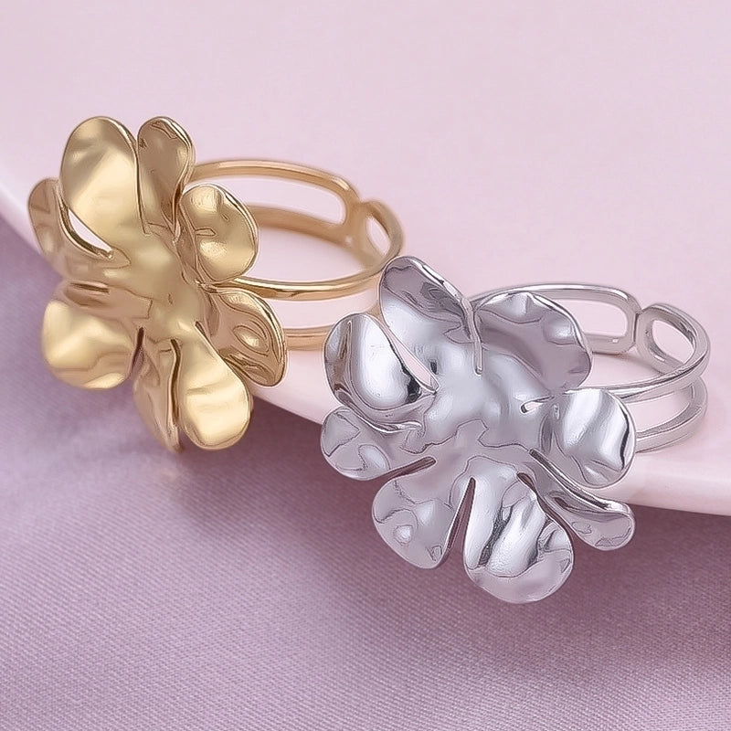 Cute Geometric Flower 304 Stainless Steel 18K Gold Plated Irregular Polishing Adjustable Ring