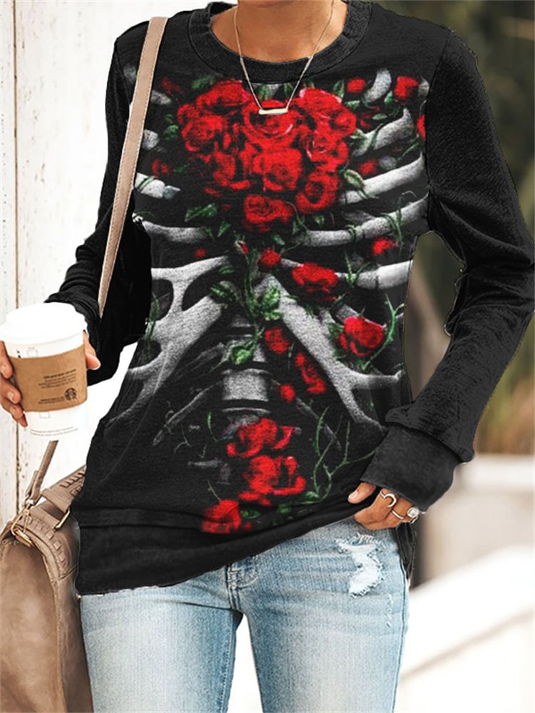 Vefave Skeleton With Roses Art Graphic Sweatshirt