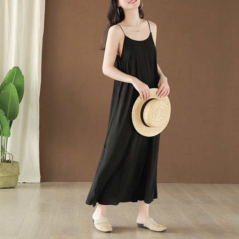 Women Sleeveless Dresses Solid Color Casual Cotton Summer Loose Clothing 2020 New Spaghetti Strap Soft Female Dresses